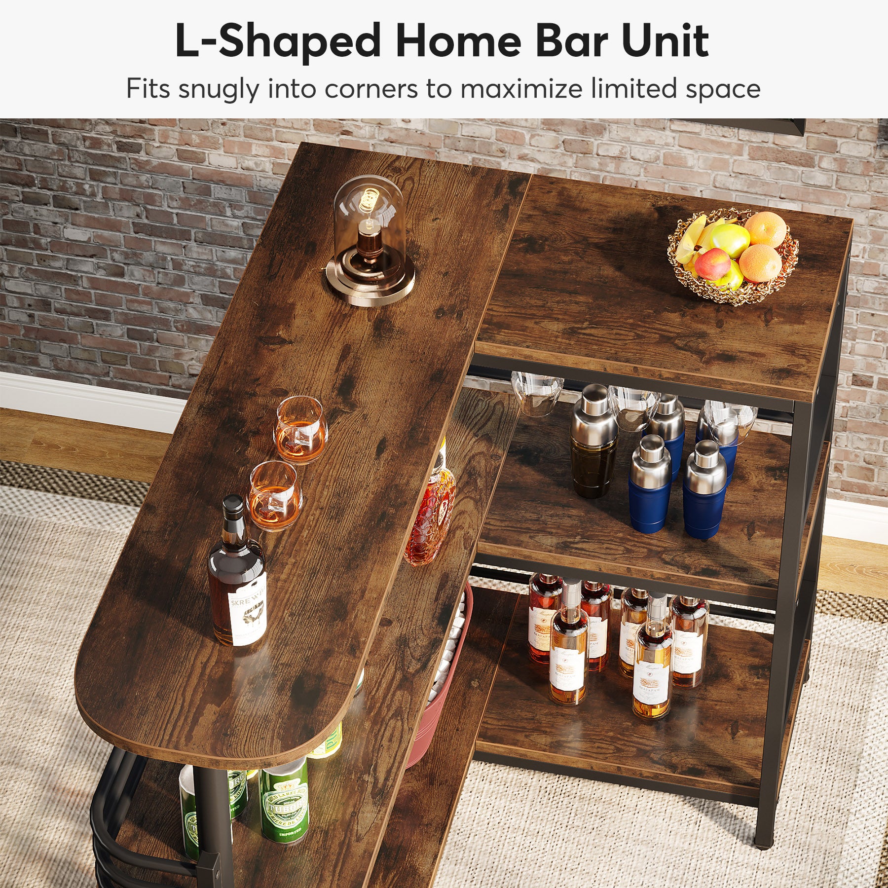 L-Shaped Home Bar Unit, 3 Tier Liquor Bar Table